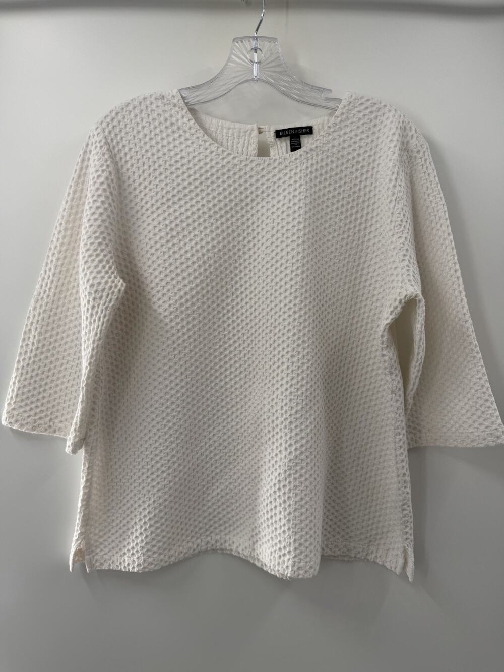 Eileen Fisher Women's 3/4 Sleeve Textured Waffle Keyhole Blouse Cream Medium
